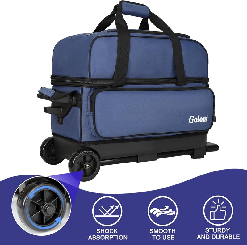 Goloni Double Roller 2 Ball Bowling Bag with Separate Shoe Compartment,2 Ball Bowling Bag with Wheels,Retractable Handle Extends to 40" - Image 3